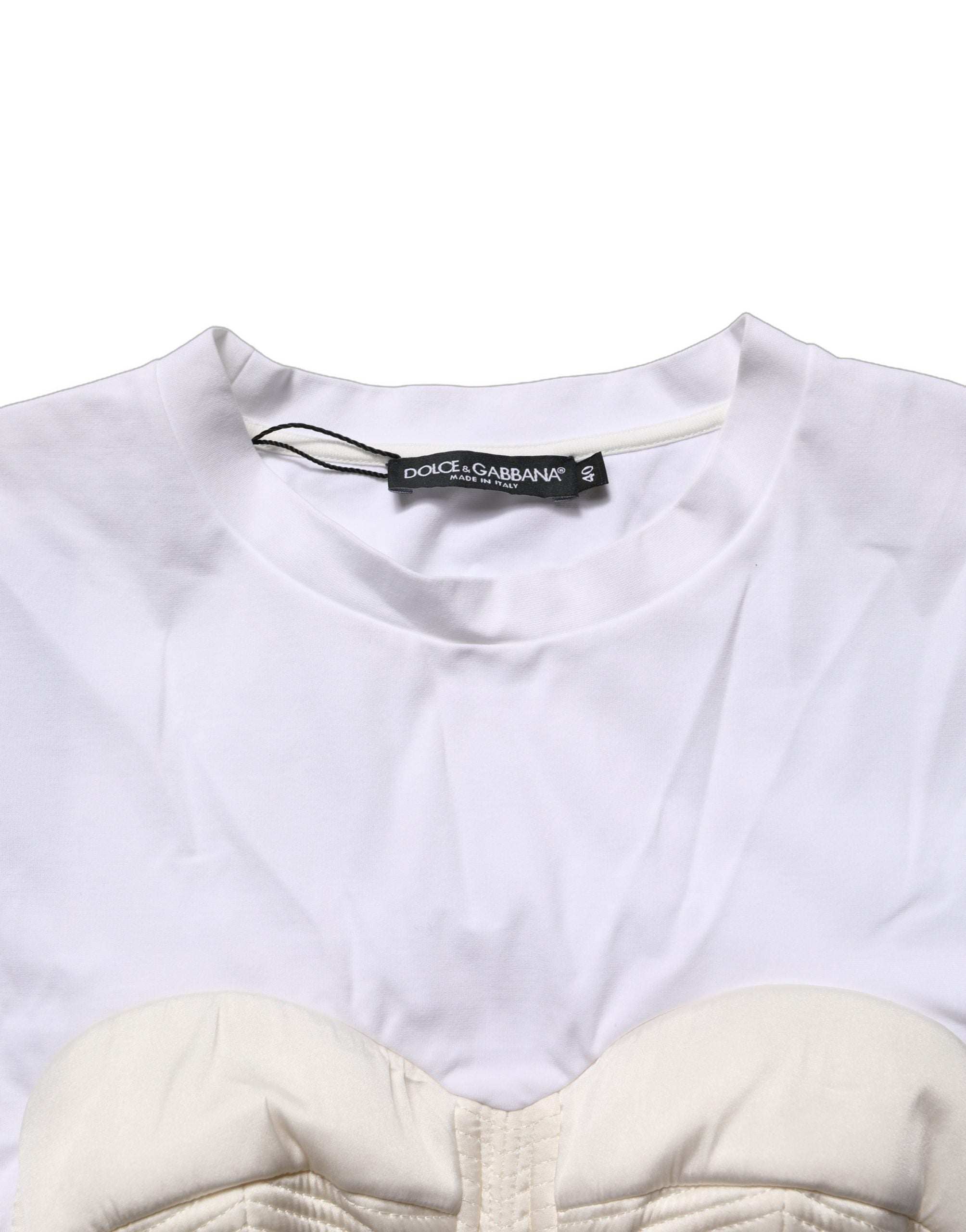 White Bustier Short Sleeve CrewNeck Cropped Top