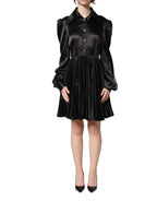 Black Satin Long Puff Sleeves Pleated Dress