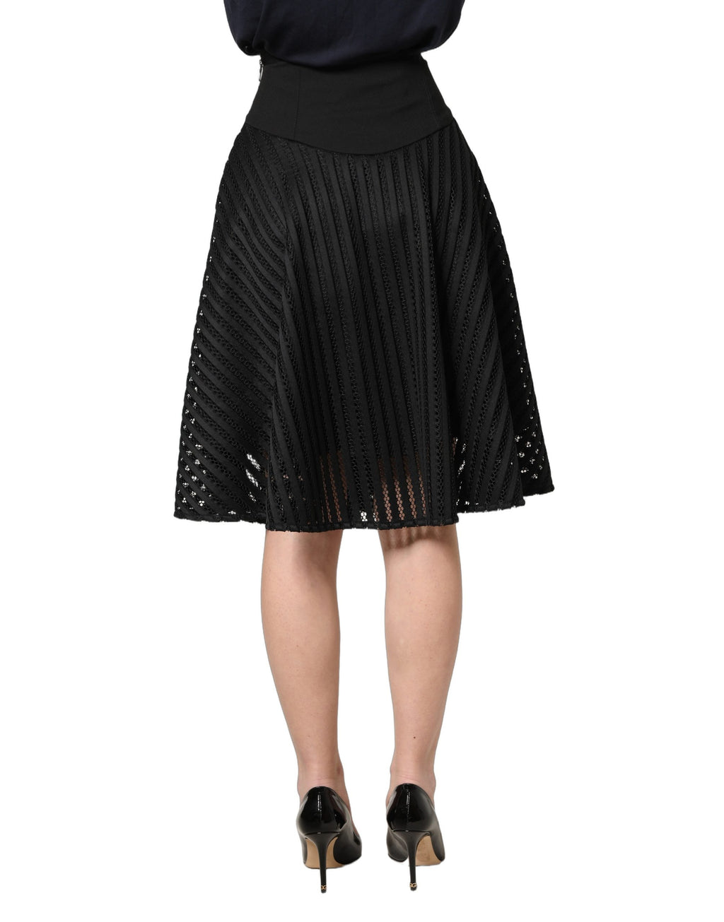 Cotton Striped Flared Silhouette Aline Midi Black