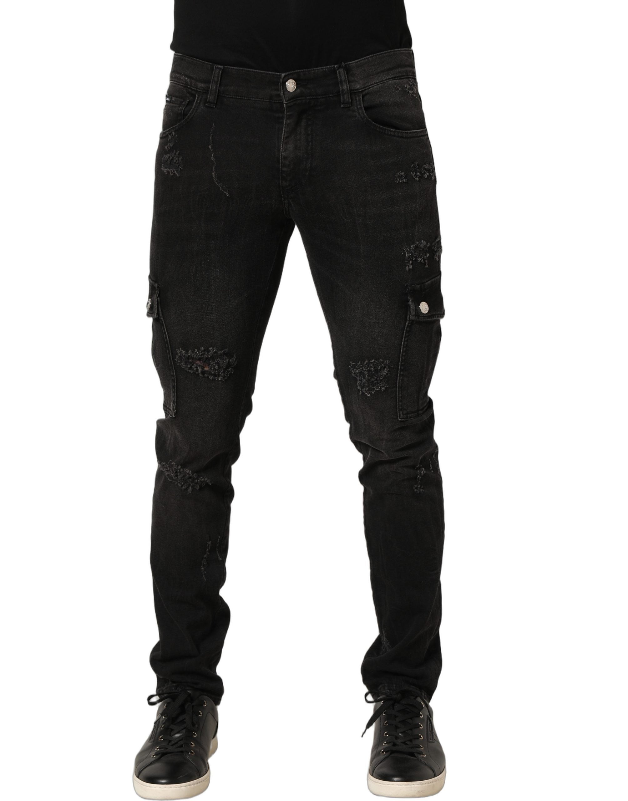 Black Distressed Cargo Cotton Men Denim Jeans