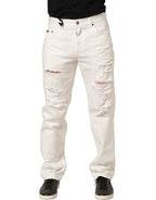 White Cotton Distressed Straight Denim Jeans