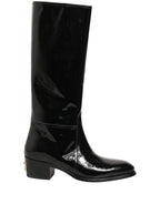 Black Leather Knee High Heels Boots Shoes