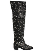 Black Crystal Embellished High Boots Shoes