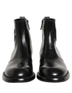 Black Leather Embossed Logo Ankle Boots Shoes