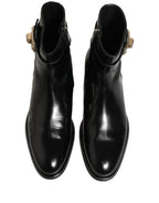 Black Leather Logo Buckle Mid Calf Boots Shoes
