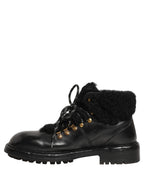 Black Trekking Fur Lace Leather Boots Shoes
