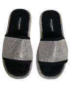 Black Crystal Embellished Platform Men Slides Shoes