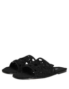Black Fabric Woven Slides Sandals Flats Shoes