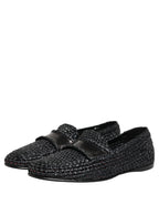 Black Woven Raffia Slip On Loafers Shoes