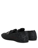 Black Woven Raffia Slip On Loafers Shoes