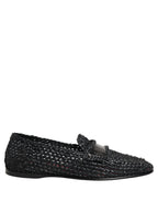 Black Woven Raffia Slip On Loafers Shoes