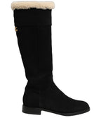 Black Suede Leather Knee High Boots Shoes