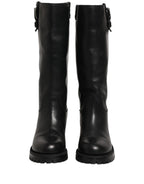 Black Leather Buckle Detail Mid Calf Boots Shoes