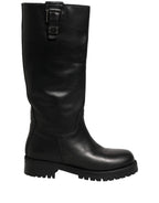 Black Leather Buckle Detail Mid Calf Boots Shoes