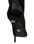 Black Satin Knee High Stiletto Boots Shoes
