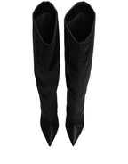 Black Satin Knee High Stiletto Boots Shoes