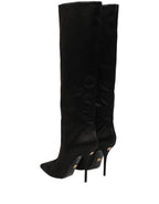 Black Satin Knee High Stiletto Boots Shoes