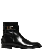 Black Leather Logo Buckle Mid Calf Boots Shoes