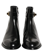 Black Leather Logo Buckle Mid Calf Boots Shoes