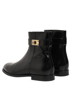 Black Leather Logo Buckle Mid Calf Boots Shoes