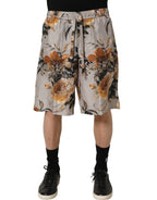 Beige Floral Print Silk Men Bermuda Shorts
