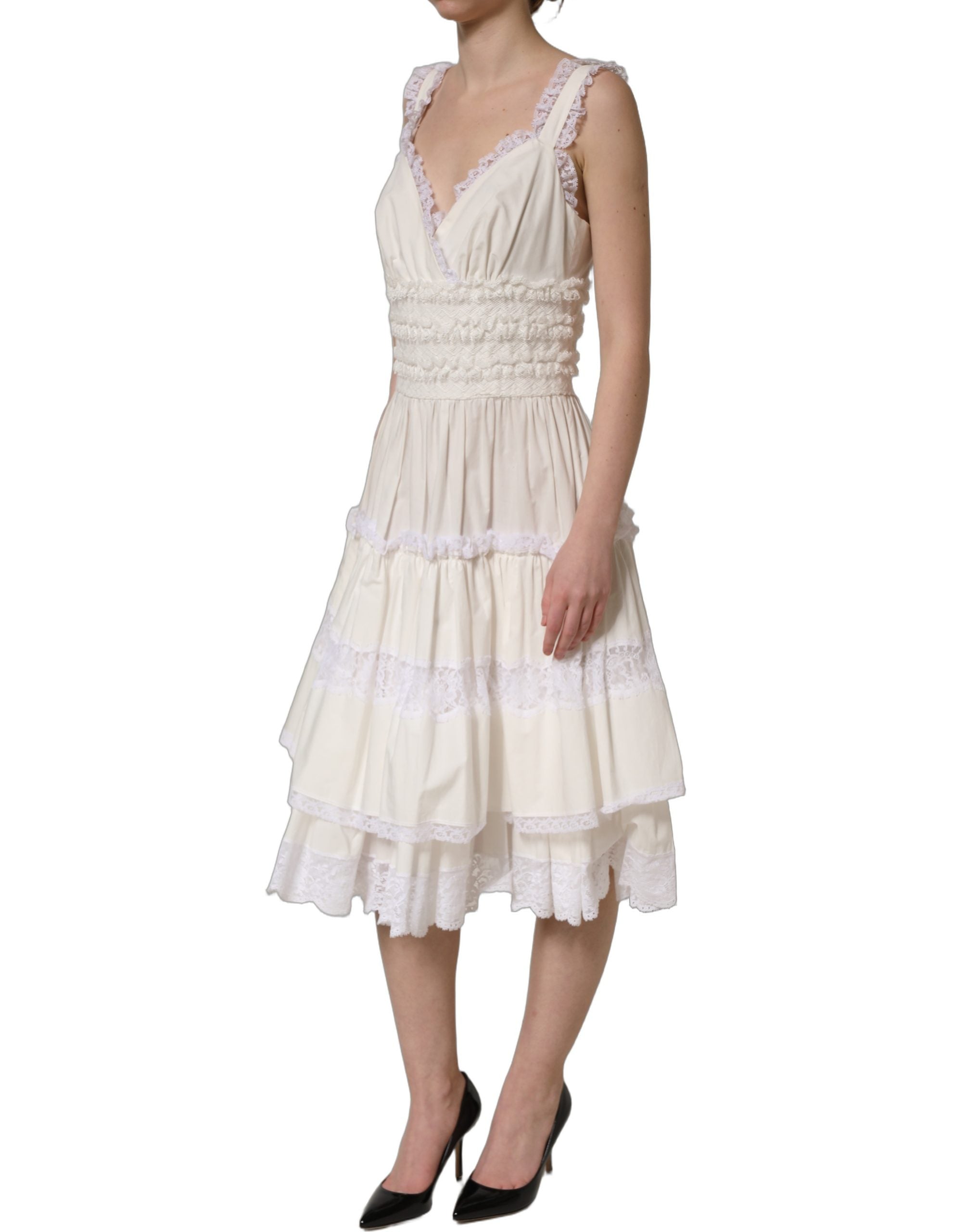 White Cotton Poplin Ruffled Midi Dress