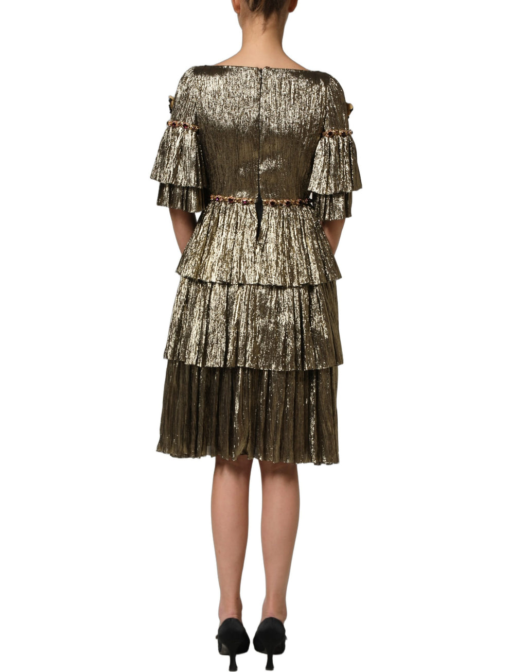 Metallic Gold Embellished Tiered Midi Dress