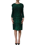 Green Leopard Print Silk Knee Length Dress