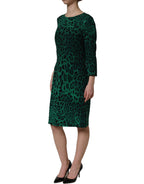 Green Leopard Print Silk Knee Length Dress
