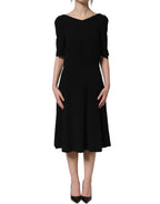 Black Viscose Short Sleeve A-line Midi Dress