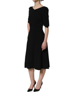 Black Viscose Short Sleeve A-line Midi Dress
