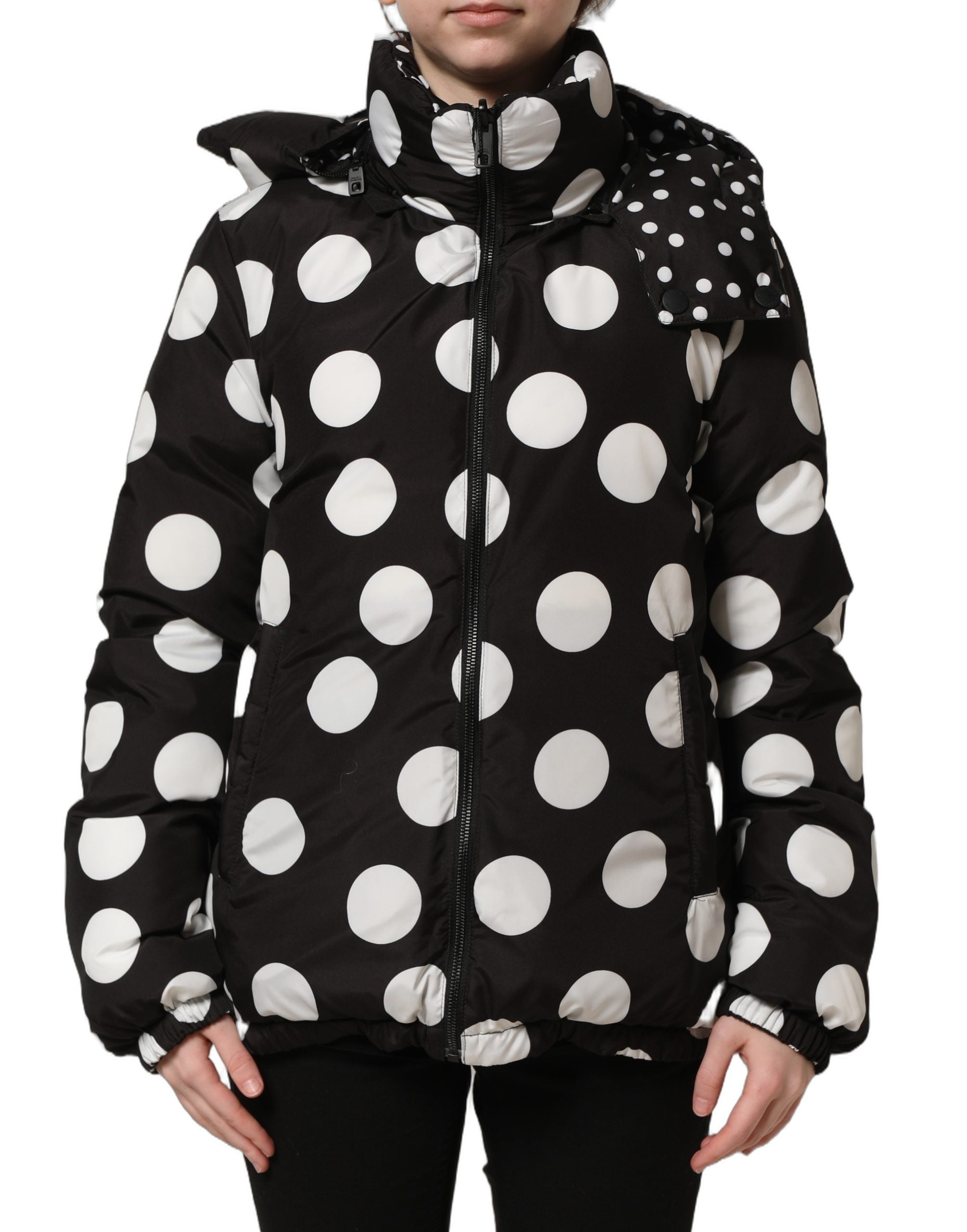 Black White Polka Dot Hooded Blouson Jacket