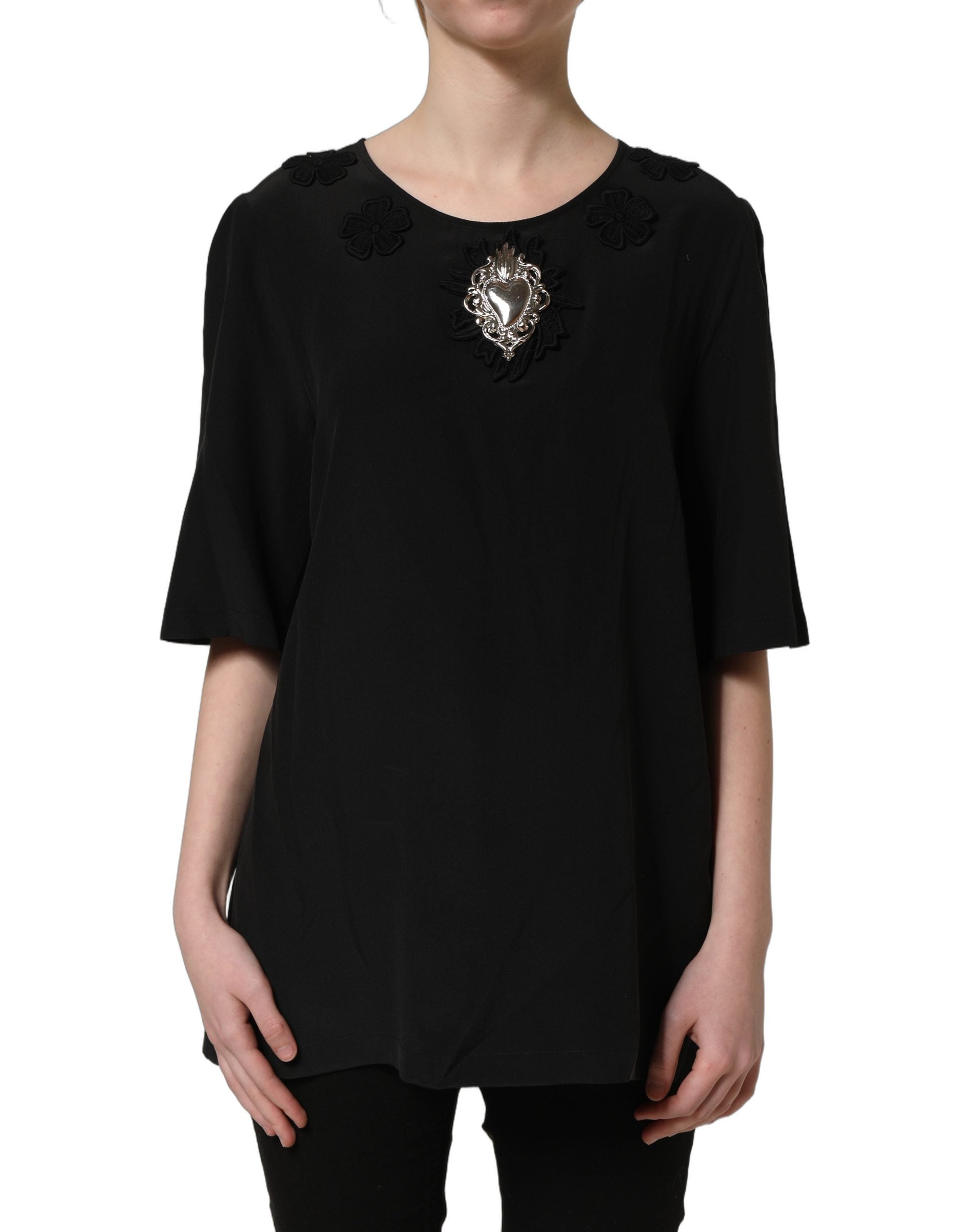 Black Floral Silk Heart Appliqué Blouse Top