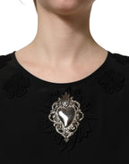 Black Floral Silk Heart Appliqué Blouse Top