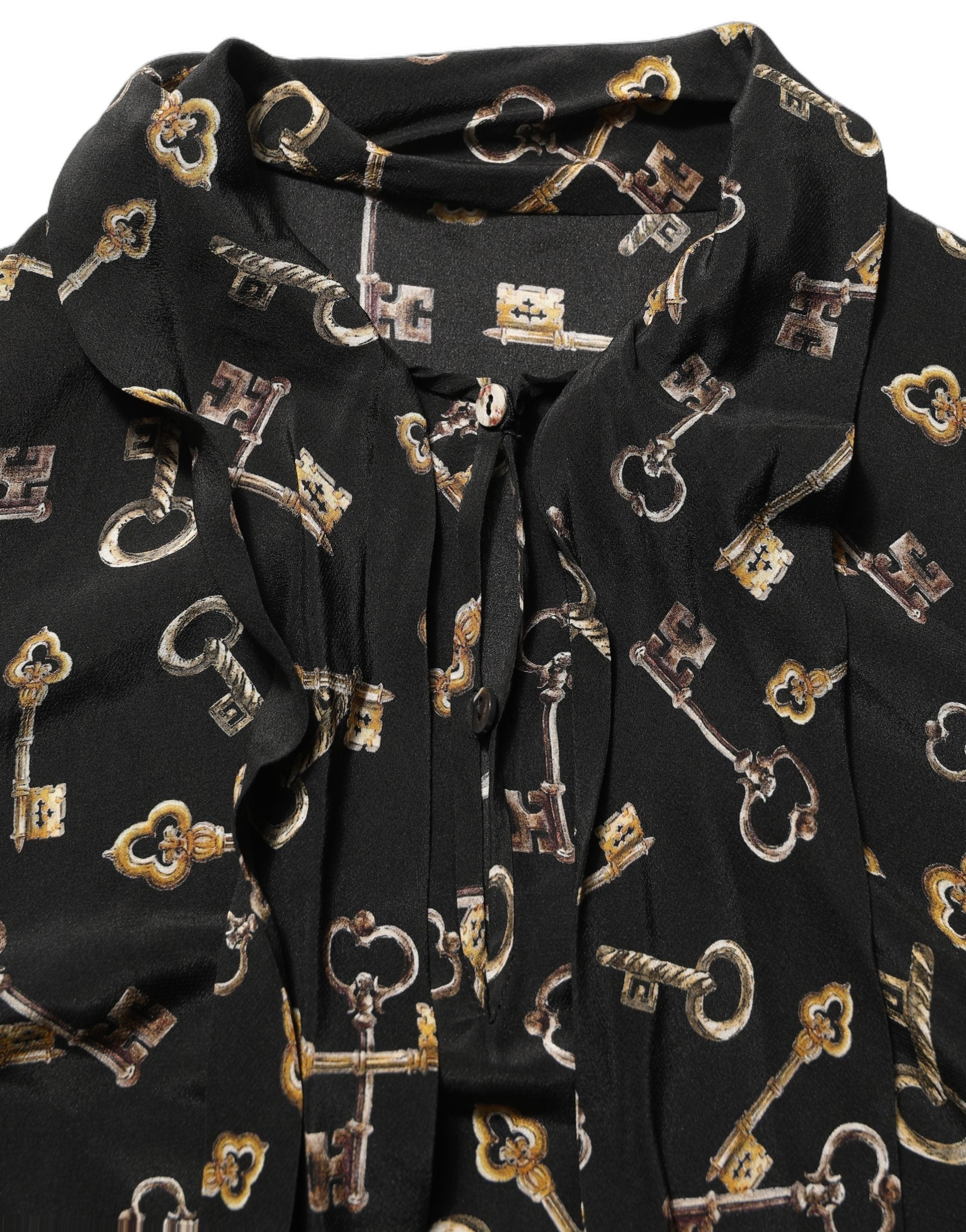 Black Keys Print Silk Tie Neck Blouse Top