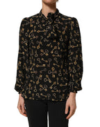 Black Keys Print Silk Tie Neck Blouse Top
