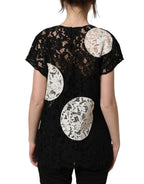 Black White Floral Lace Short Sleeve Blouse Top