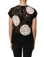 Black White Floral Lace Short Sleeve Blouse Top