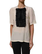 Beige Lace Trim Bow Short Sleeves Blouse Top