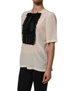 Beige Lace Trim Bow Short Sleeves Blouse Top