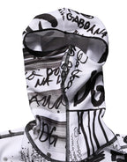 White Jersey Graffiti Print Balaclava Hood Sweater