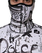White Jersey Graffiti Print Balaclava Hood Sweater