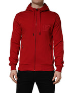 Red Embroidered Logo Hooded Full Zip Sweater