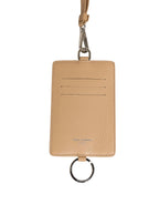 Beige Leather Logo Embossed Lanyard Card Holder Wallet