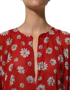 Red Floral V-neck Polyester Kaftan Blouse Top