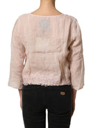 Light Pink Linen V-Neck Long Sleeves Blouse Top