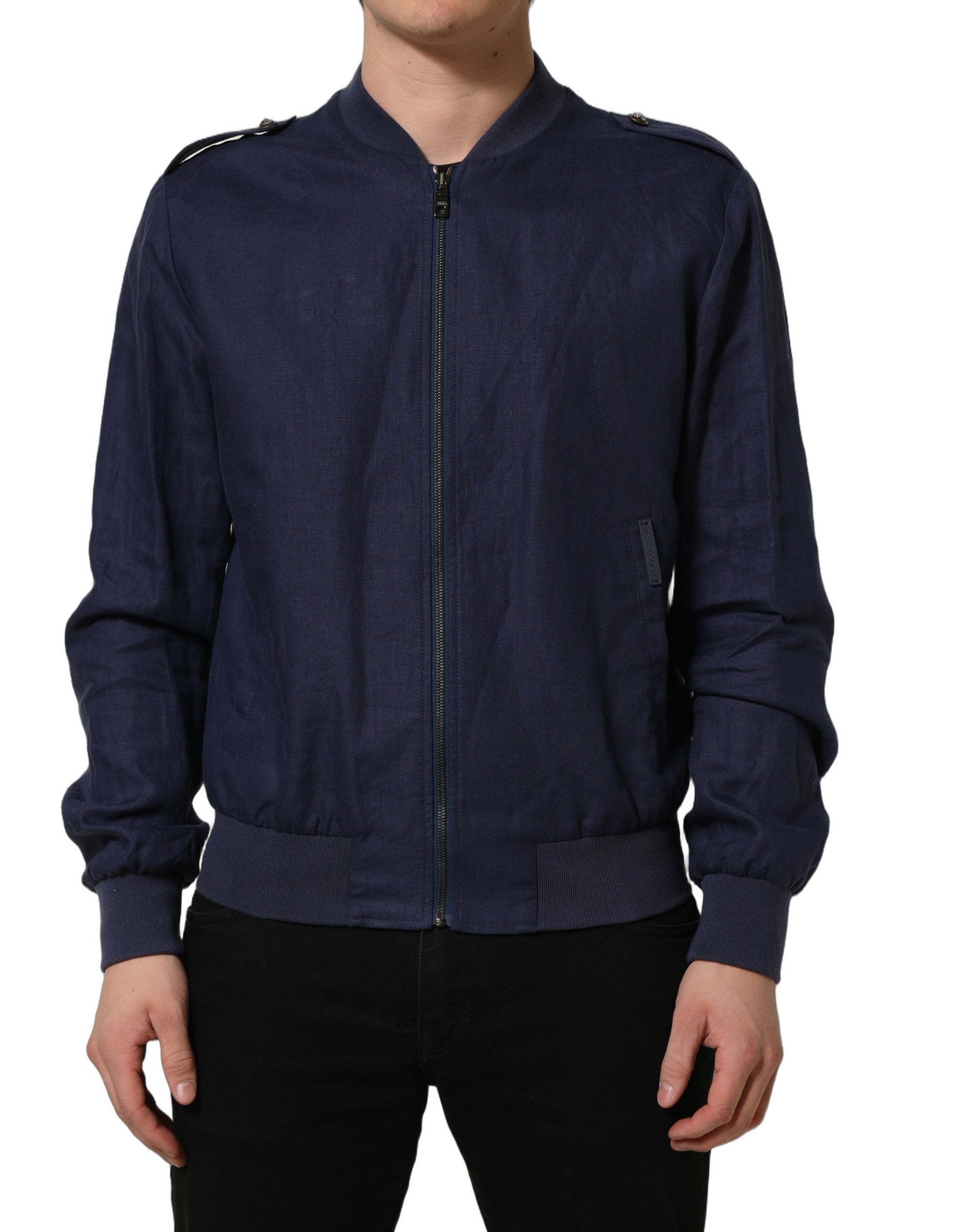 Blue Linen Full Zip Men Bomber Jacket