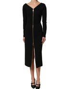 Black Long Sleeves Front Zipper Midi Dress