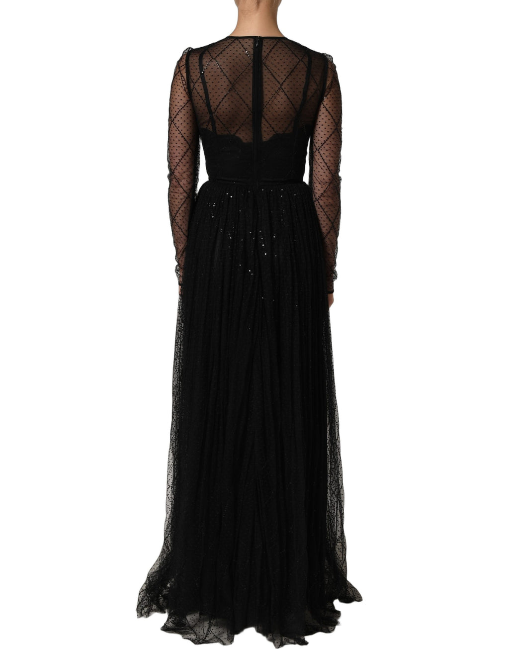 Black Mesh Lace Long Sleeved Maxi Gown Dress