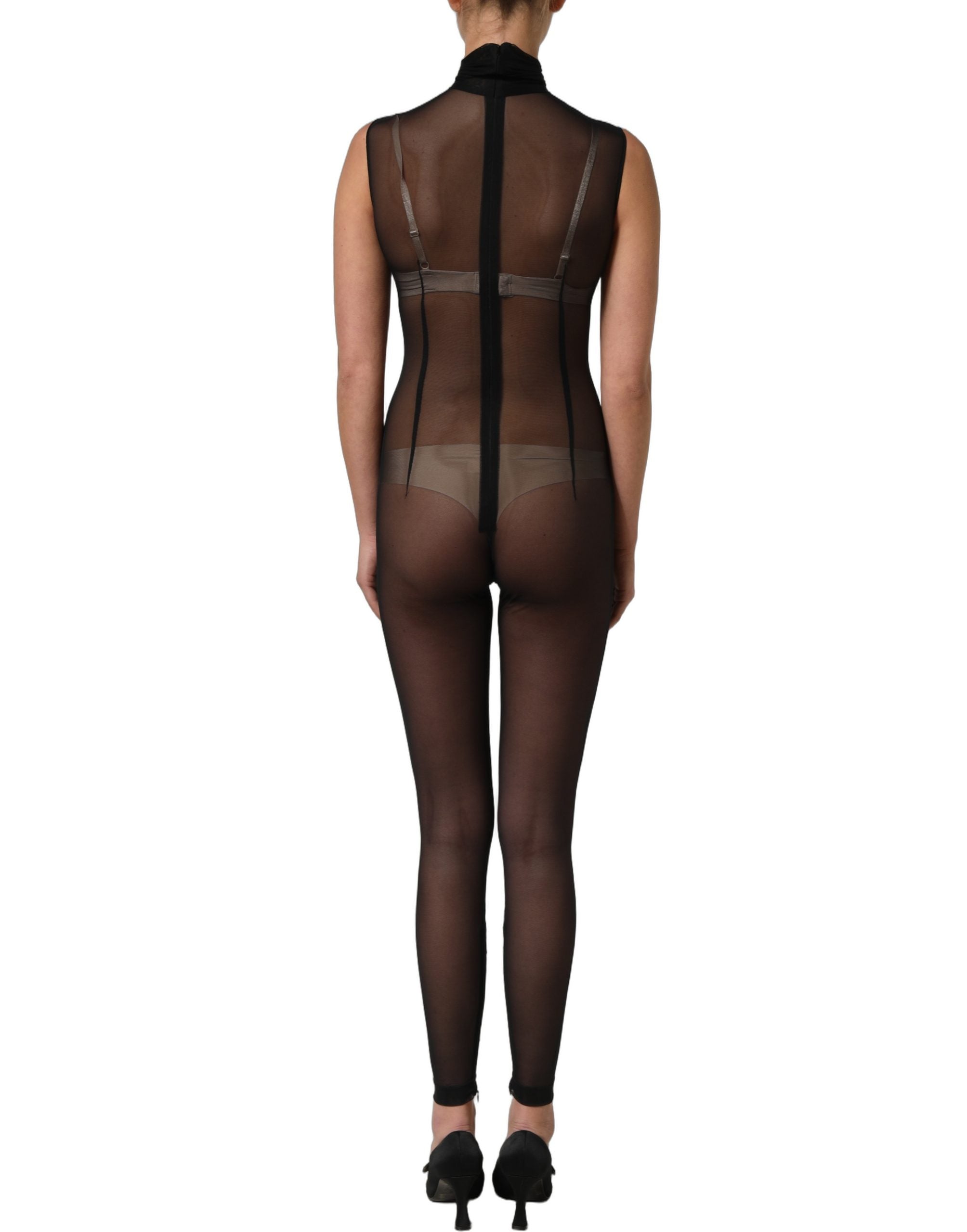 Black Sheer Mesh Jumpsuit Turtleneck Dress